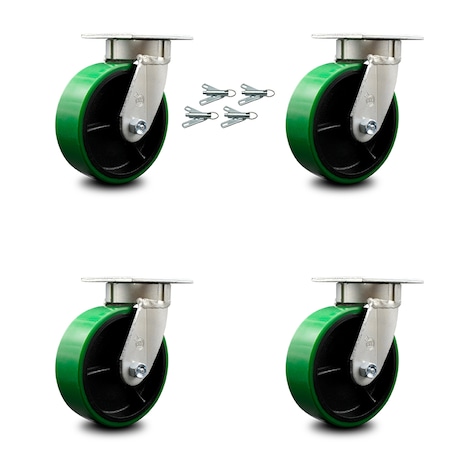 Service Caster 6 Inch Kingpinless Green Poly on Steel Wheel Swivel Caster Set with Swivel Lock SCC-KP30S620-PUR-GB-BSL-4